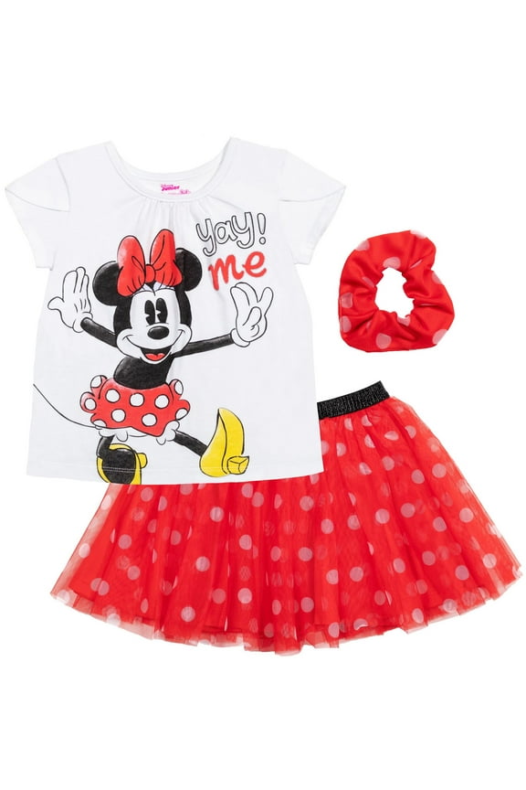 Minnie Mouse Toddler Girls T-Shirt Mesh Skirt and Scrunchie 3 Piece Outfit Set Infant to Big Kid