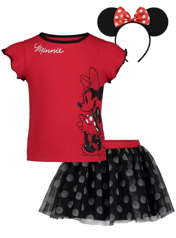 Disney Minnie Mouse Toddler Girls T-Shirt Tulle Skirt and Headband 3 Piece Outfit Set Infant to Big Kid