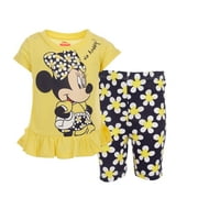 Disney Minnie Mouse Toddler Girls T-Shirt and Bike Shorts Outfit Set Floral Lemon Drop 3T