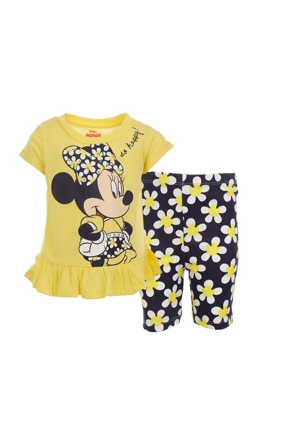 Minnie Mouse Toddler Girls T-Shirt and Bike Shorts Outfit Set Floral Lemon Drop 4T