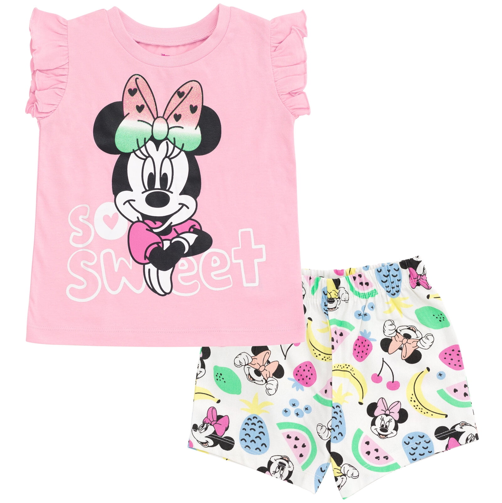 Girls Minnie Summer Co-Ord Set – Black Cartoon Tee with Pink Striped Wide-Leg Pants main image 1