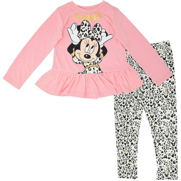 Disney Minnie Mouse Toddler Girls Peplum T-Shirt and Leggings Outfit Set Pink Leopard Peplum 3T