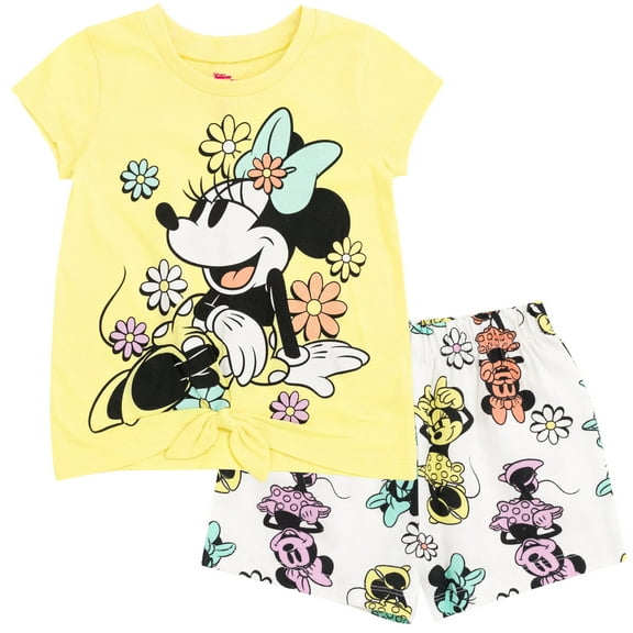 Disney Minnie Mouse Toddler Girls T-Shirt and Shorts Outfit Set Yellow Flowers 2T