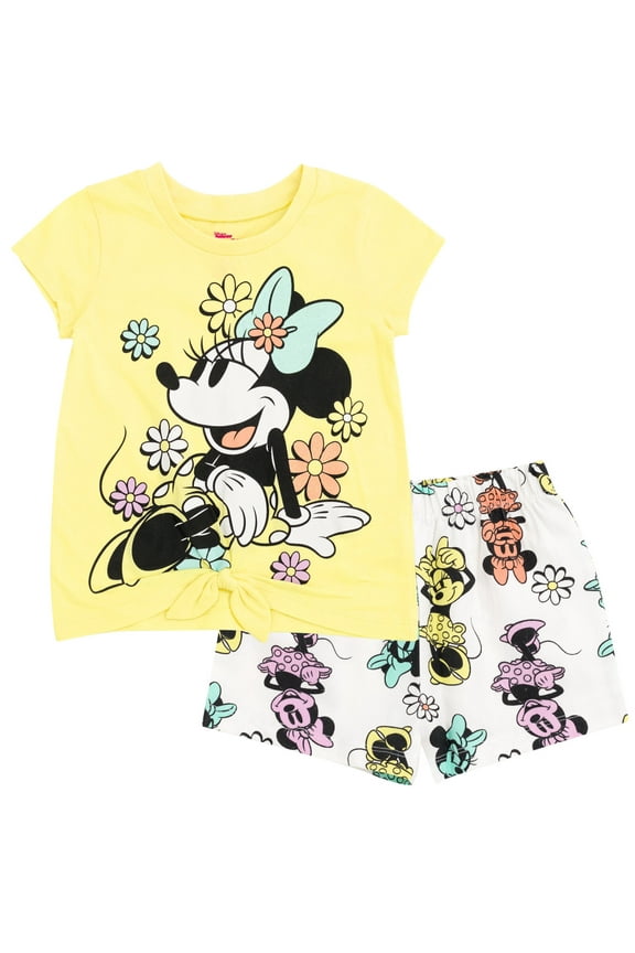 Minnie Mouse Toddler Girls T-Shirt and Shorts Outfit Set Yellow Flowers 2T