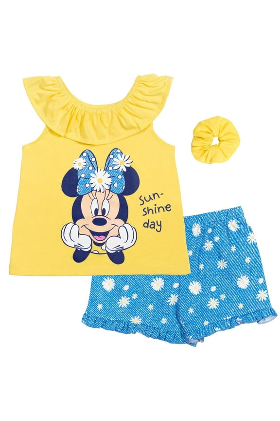 Minnie Mouse Toddler Girls Tank Top French Terry Shorts and Scrunchie 3 Piece Outfit Set Yellow Daisies 2T