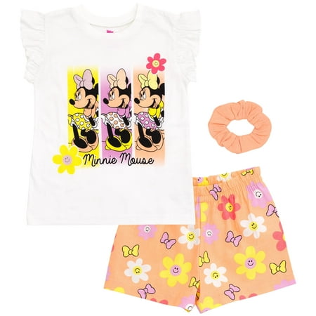Disney Minnie Mouse Toddler Girls Tank Top French TerryShorts and TerryScrunchie 3 Piece Outfit Set Infant to Little Kid