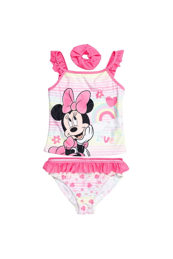 Minnie Mouse Toddler Girls Tankini Top Bikini Bottom and Scrunchie 3 Piece Swimsuit Set Infant to Big Kid
