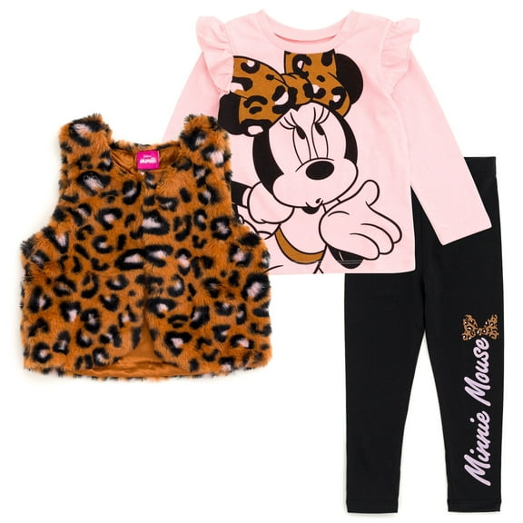 Disney Minnie Mouse Toddler Girls Vest T-Shirt and Leggings 3 Piece Outfit Set Brown / Pink / Black 5T