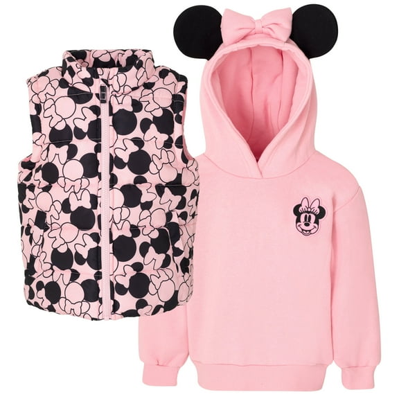 Disney Minnie Mouse Toddler Girls Zip Up Vest 2fer Jacket and Pullover Hoodie Toddler to Little Kid
