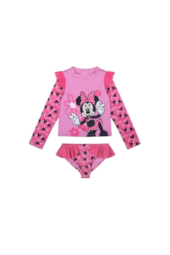 Minnie Mouse UPF 50+ Long Sleeve Rash Guard & Bikini Bottom (Girls), 2 Piece Swimsuit Set, Sizes 2T-6X