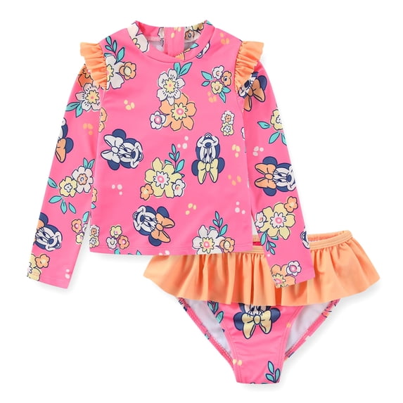 Disney Minnie Mouse UPF 50+ Long Sleeve Rash Guard & Bikini Bottom (Girls), 2 Piece Swimsuit Set, Sizes 4-6X