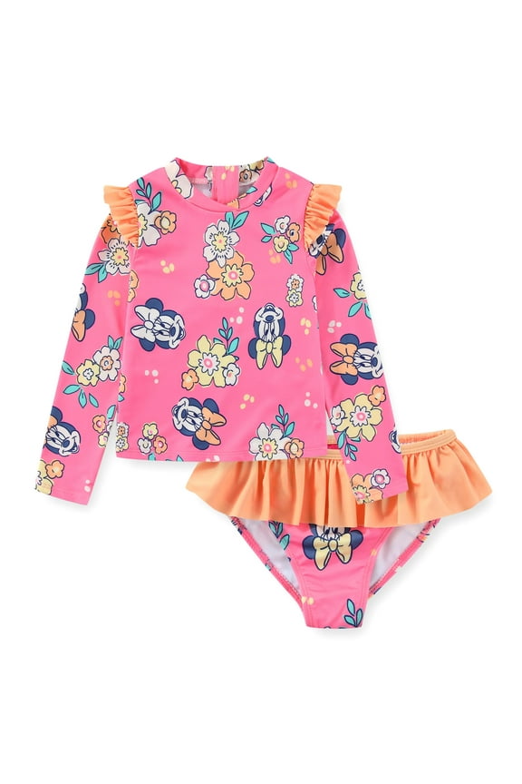 Minnie Mouse UPF 50+ Long Sleeve Rash Guard & Bikini Bottom (Girls), 2 Piece Swimsuit Set, Sizes 4-6X