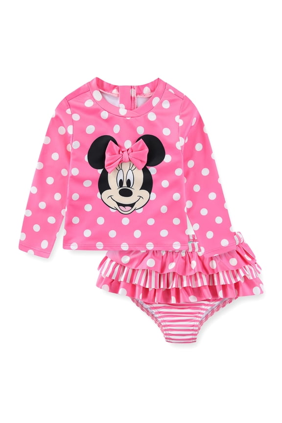 Minnie Mouse UPF 50+ Long Sleeve Rash Guard & Bikini Bottom Swimsuit Set (Girls), 2 Piece Set, Sizes 12M-24M