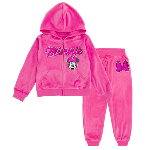 Disney Minnie Mouse Velour Zip Up Hoodie and Jogger Pants Outfit Set Toddler to Big Kid