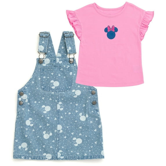 Disney Minnie Mouse Vintage Wash Denim Overall Dress and T-Shirt Outfit Set Infant to Little Kid