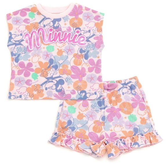 Disney Minnie Mouse Waffle Knit T-Shirt and Shorts Outfit Set Newborn to Little Kid