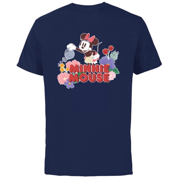 Disney Minnie Mouse Watering Flowers Botanical Garden Spring - Short Sleeve Cotton T-Shirt for Adults - Customized-Navy
