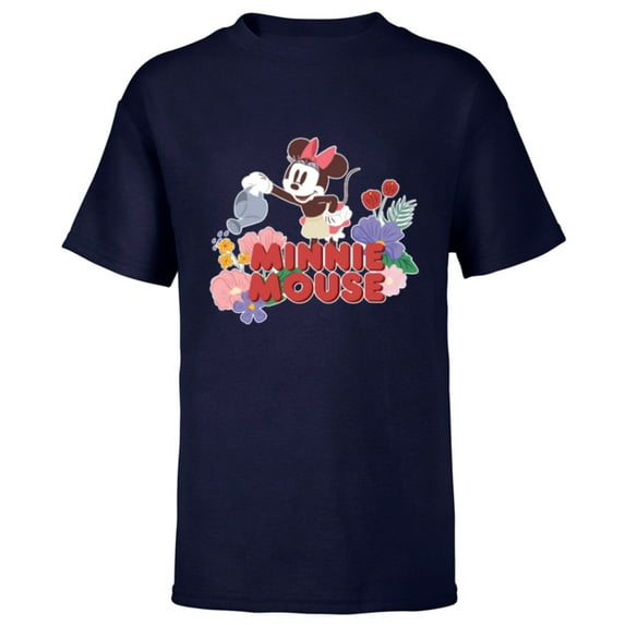Disney Minnie Mouse Watering Flowers Botanical Garden Spring - Short Sleeve T-Shirt for Kids - Customized-Navy