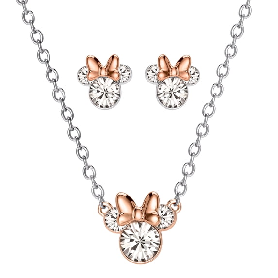 Disney Minnie Mouse Women's Crystal Two Tone Plated Stud & Pendant Set, 18" Chain