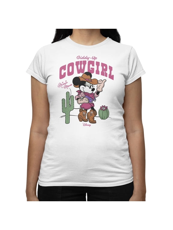 Minnie Mouse Women's Giddy Up Cowgirl Desert Pink T-Shirt (Bright White, S-XXL)