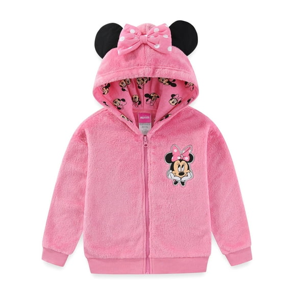 Disney Minnie Mouse Zip Up Coral Fleece Hoodie with Bow and Ears (Girls), Sizes 2T-7