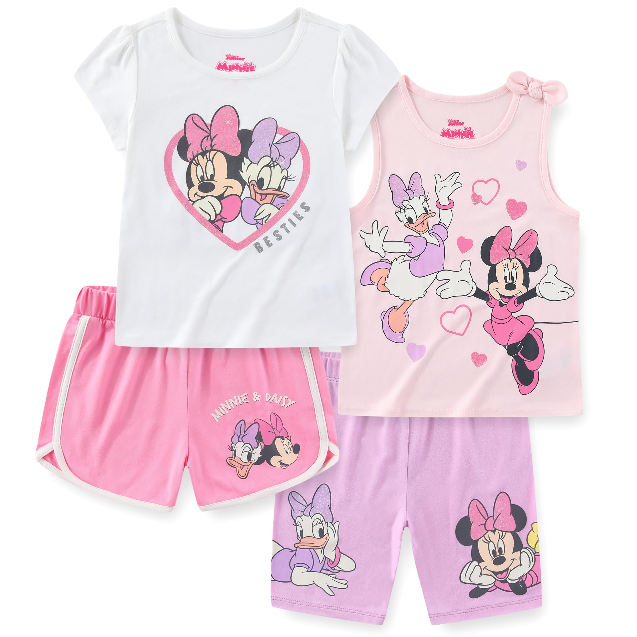 Disney Minnie Mouse and Daisy Duck Mix and Match Short Sleeve T-Shirt, Tank Top, and Shorts (Girls), 4 Piece Set, Sizes 3T-7