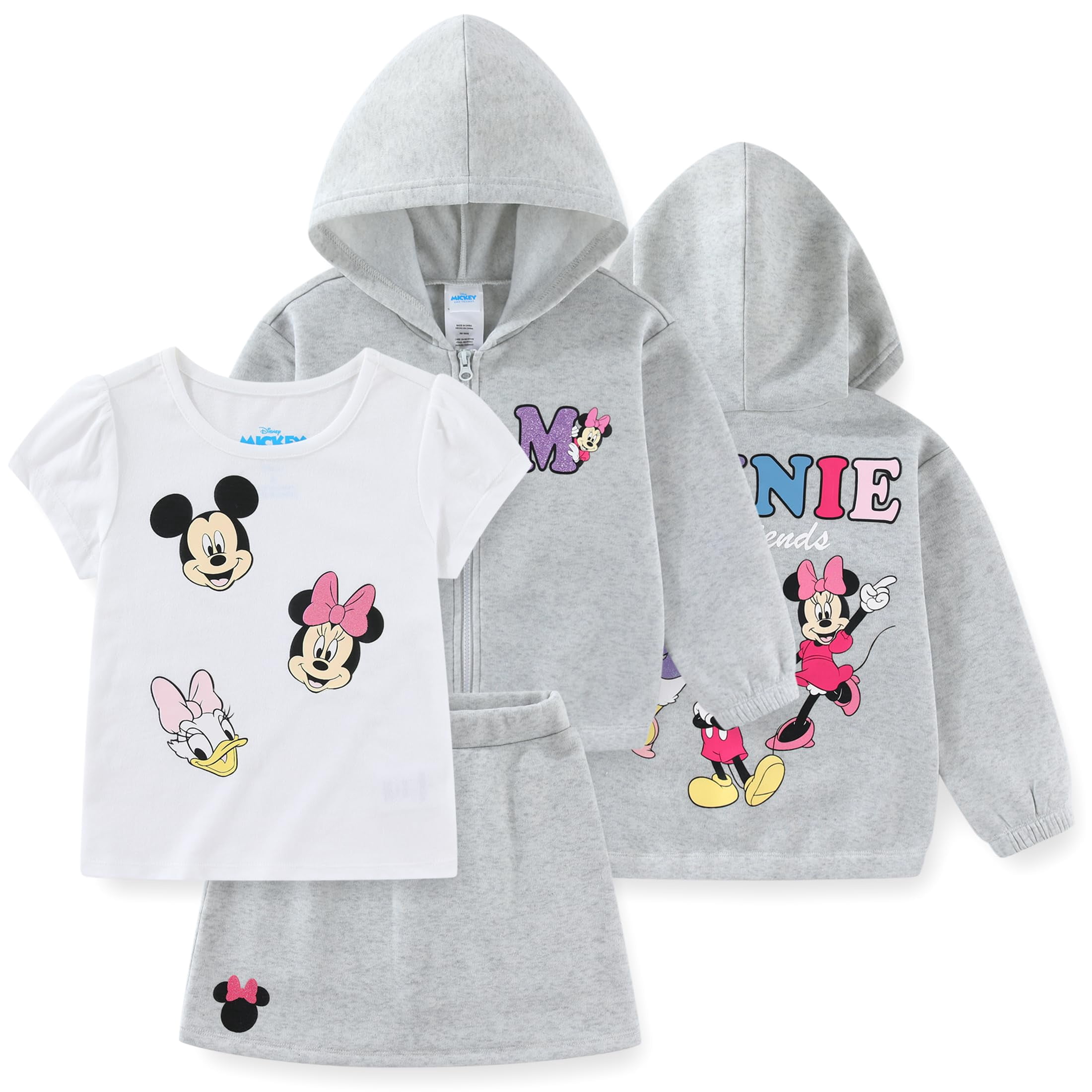 Disney Minnie Mouse and Friends Hoodie T-Shirt and Skort Skirt Set (Girls), 3 Piece Set, Sizes 3T-8