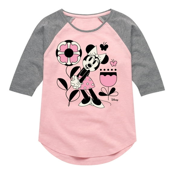Disney - Minnie Mouse with Flowers & Butterflies - Toddler & Youth Girls Raglan Graphic T-Shirt