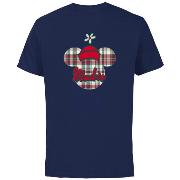 Disney Minnie Mouse with Hat Christmas Holiday Plaid Madre - Short Sleeve Cotton T-Shirt for Adults - Customized-Navy