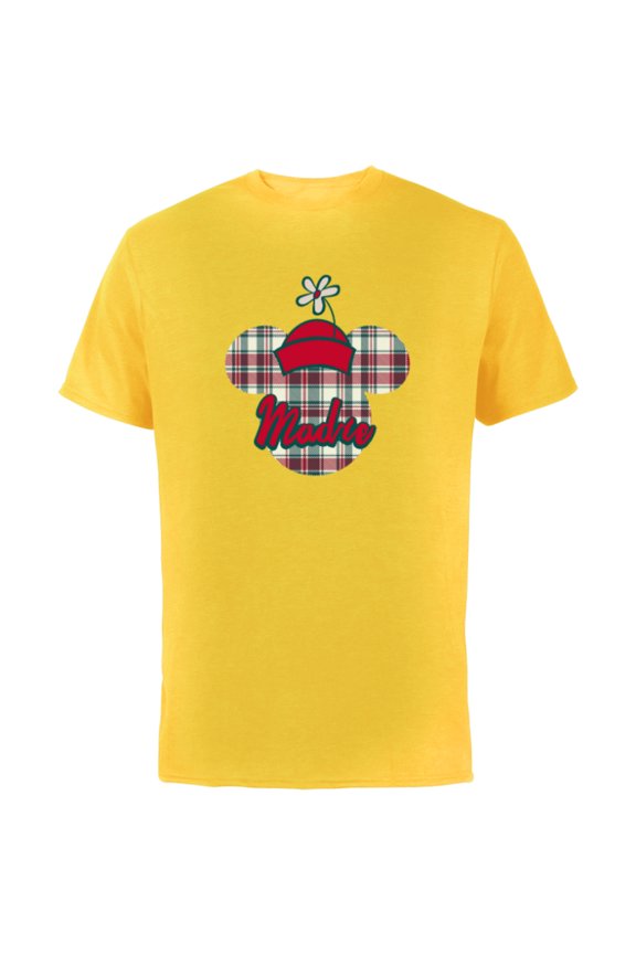 Minnie Mouse with Hat Christmas Holiday Plaid Madre - Short Sleeve Cotton T-Shirt for Adults - Customized-Yellow