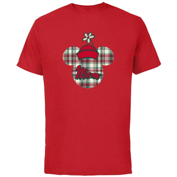 Disney Minnie Mouse with Hat Christmas Holiday Plaid for Mom - Short Sleeve Cotton T-Shirt for Adults - Customized-Red