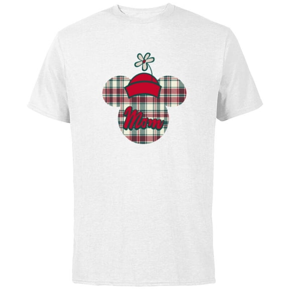 Disney Minnie Mouse with Hat Christmas Holiday Plaid for Mom - Short Sleeve Cotton T-Shirt for Adults - Customized-White