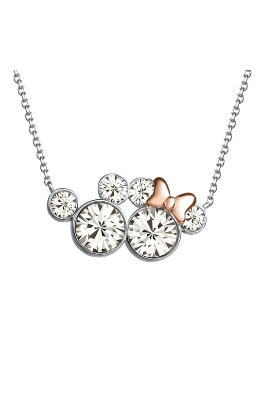 Women's Mickey and Minnie Mouse Silver Plated Crystal Necklace, 16" + 2"