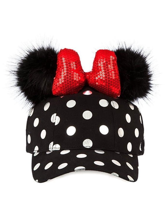 Minnie female Mouse Polka Dot Pom Pom Baseball Cap, Black