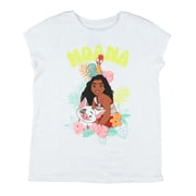 Disney Moana 2 Girls T-Shirt Hei Hei and Pua Floral Design Kids Tee