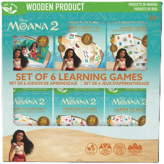 Disney: Moana 2 Learning Games - Set Of 6 - Wooden Puzzles & Flashcards, Bilingual, Fun Educational Based Play, Shapes-Colors-Numbers-Math, Kids 3+