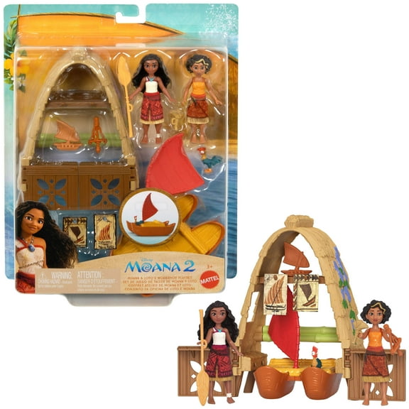 Disney Moana 2 Toys, Moana & Lotos Workshop Playset, 2 Small Dolls, Friend Figure, Boat & Accessories