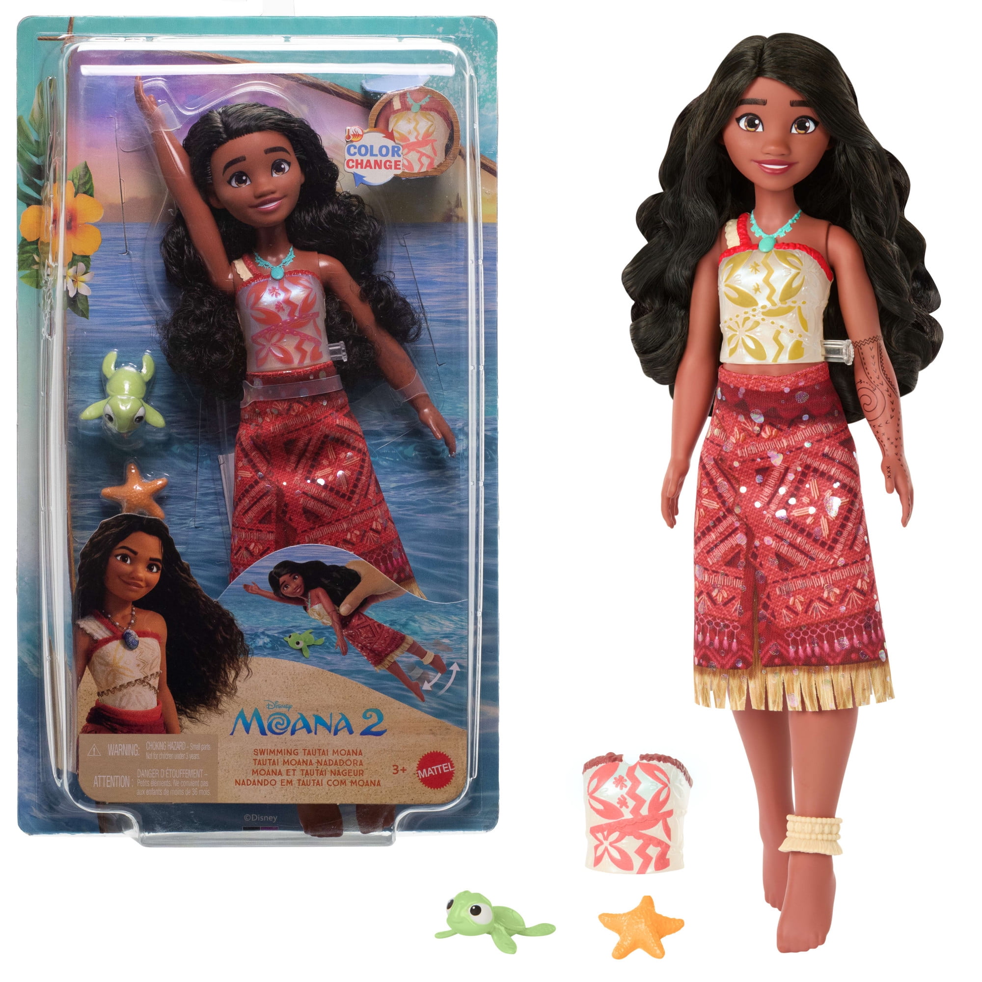 Disney Moana 2 Toys, Swimming Tautai Moana Fashion Doll with 2