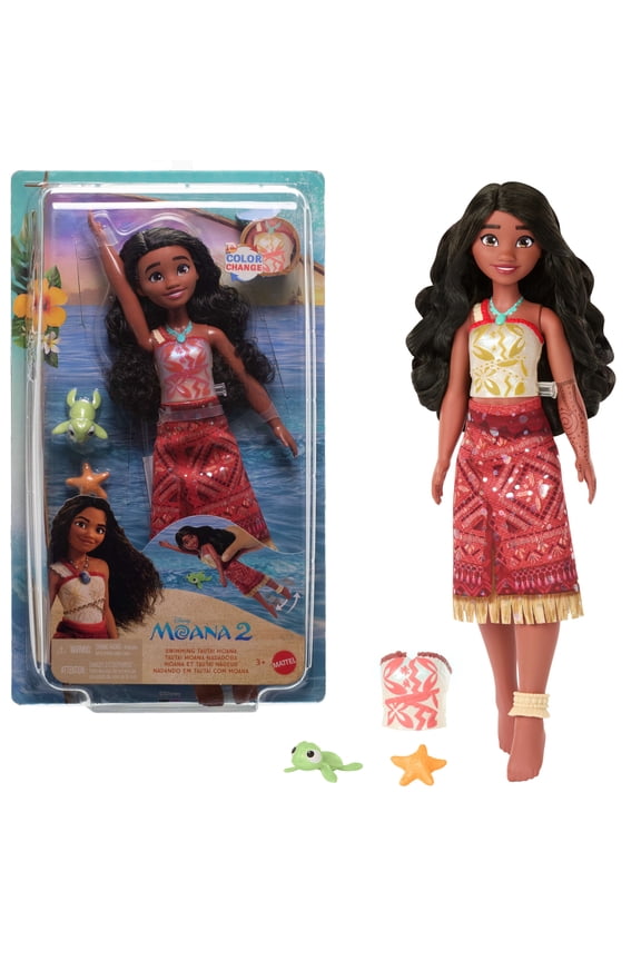 Disney Moana 2 Toys, Swimming Tautai Moana Fashion Doll with 2 Accessories & Color-Change Bodice