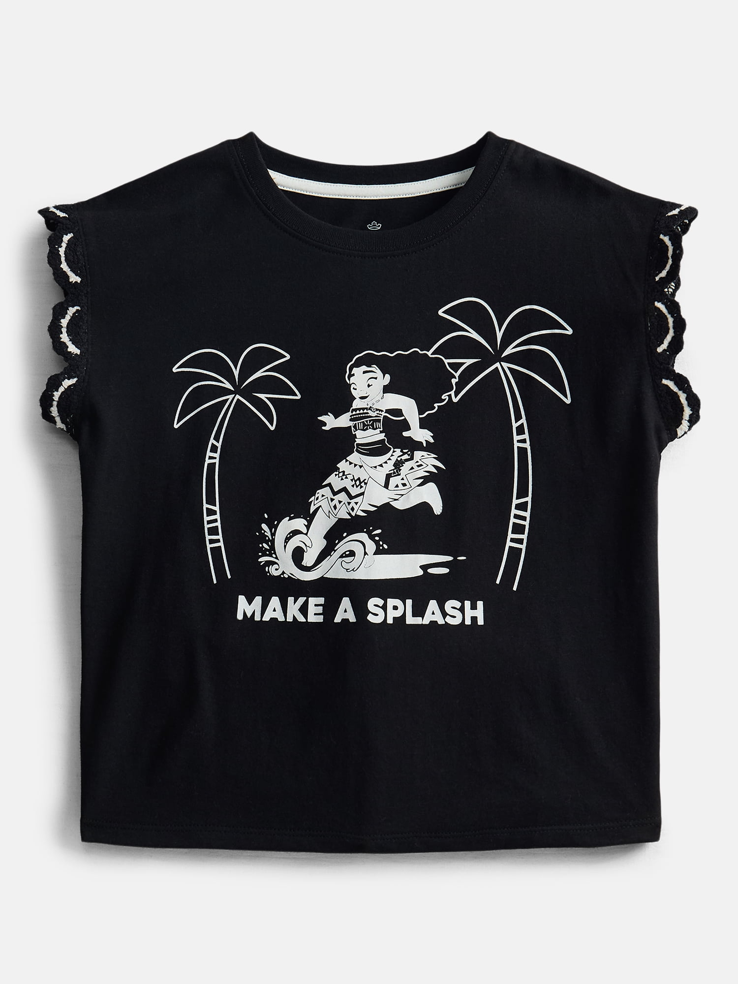Disney Moana Girl’s Crochet Trim Crewneck Tee with Dolman Sleeves, Sizes 4-16
