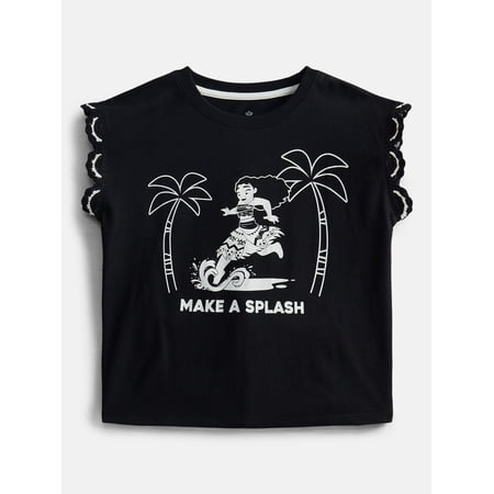 Moana Disney Moana Girl’s Crochet Trim Crewneck Tee with Dolman Sleeves, Sizes 4-16