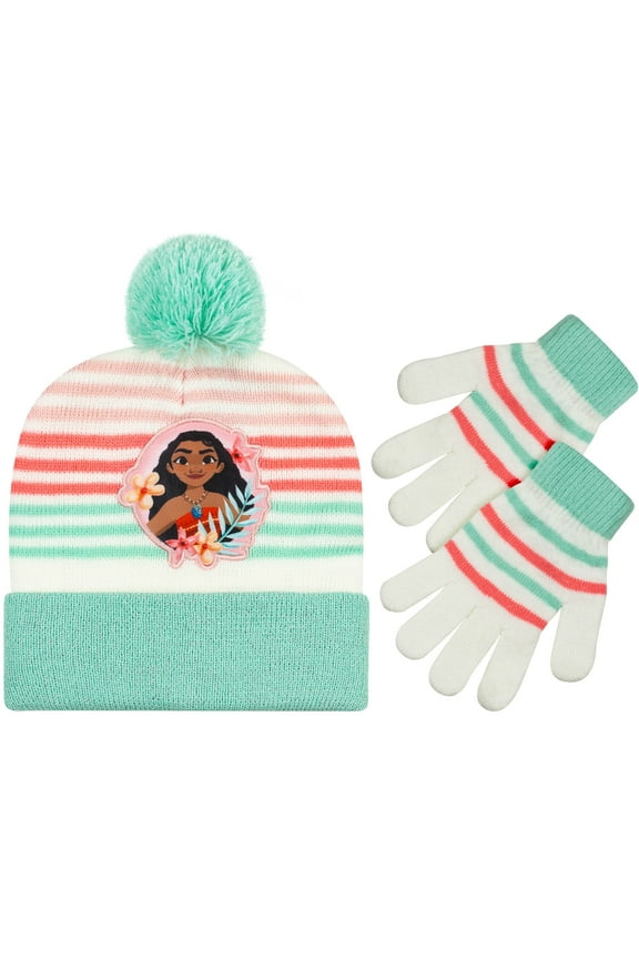 Moana Girls Beanie Winter Hat and Mittens Cold Weather Set, Age 2-4 and 4-7 years