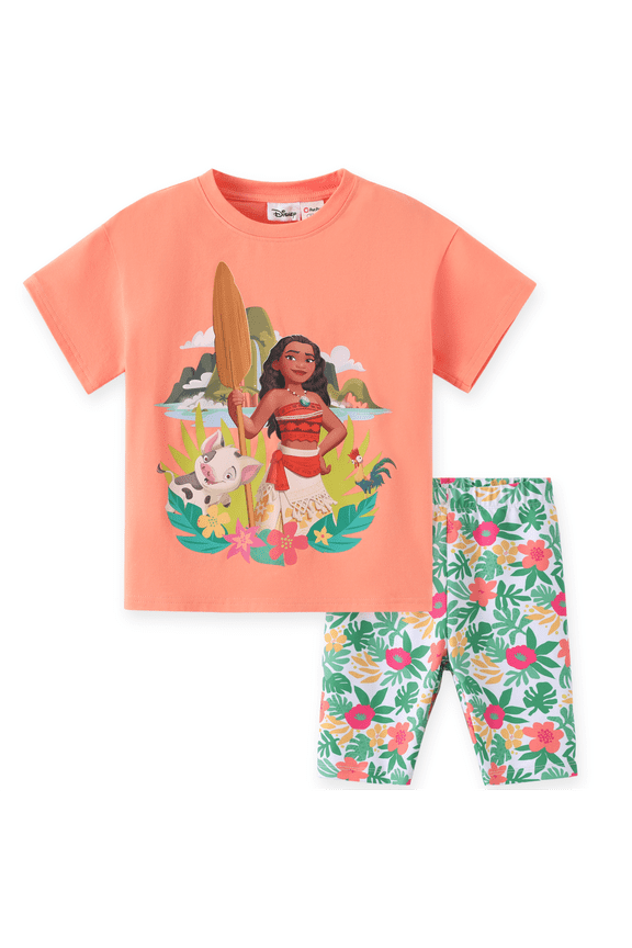 Moana Girls Outfit Sets Graphic Tee Oversize Cotton Top and Leggings Flora Bike Shorts 2-Piece Set Baby Toddlers 2T