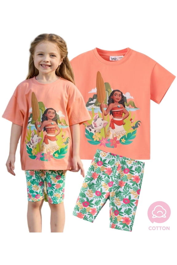 Moana Girls Outfit Sets Graphic Tee Oversize Cotton Top and Leggings Flora Bike Shorts 2-Piece Set Baby Toddlers 2T