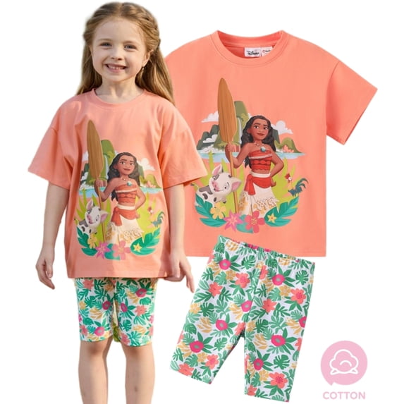 Disney Moana Girls Outfit Sets Graphic Tee Oversize Cotton Top and Leggings Flora Bike Shorts 2-Piece Set Kids 8-9Y
