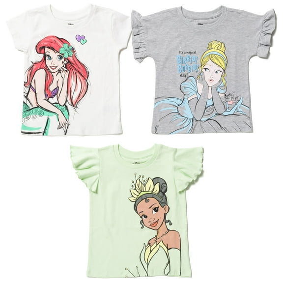 Disney Moana Jasmine Princess Belle Big Girls 3 Pack Graphic T-Shirts purple / white / Yellow 10-12