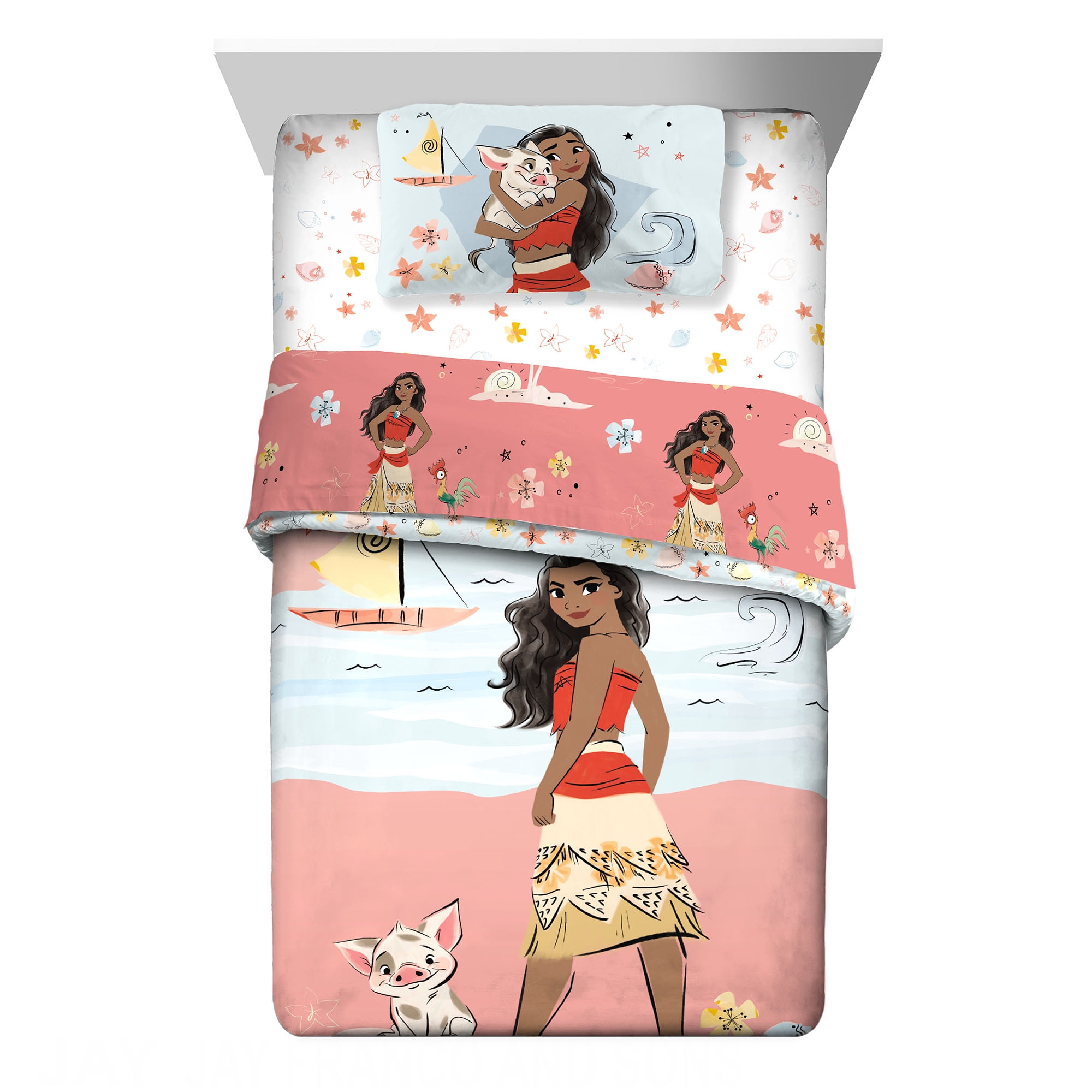 Disney Moana Kids Twin Bed in a Bag, Comforter and Sheets, Peach and White