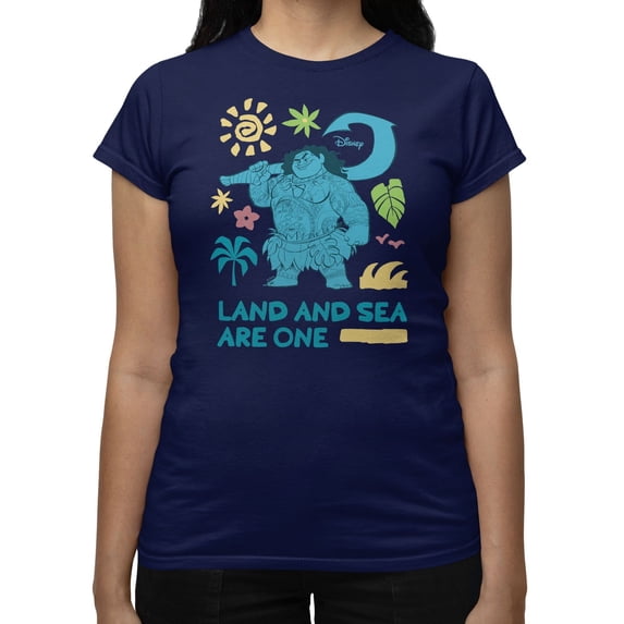 Disney Moana Land And Sea Are One Maui Women's T Shirt (Navy, S-XXL)