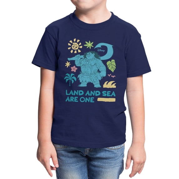 Disney Moana Land And Sea Are One Maui Youth T Shirt (Navy, XS-XL)