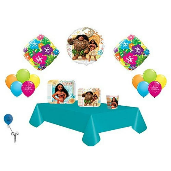 Disney Moana Party Pack & Balloon Bouquet 8 Guest ~ 1Table Cover,14pc Balloon Bouquet ~ Lunch Plates, Dessert Plates, Cups,